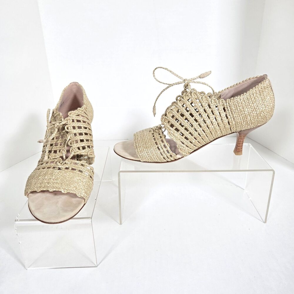 Stuart Weitzman Women's Peep Toe Pumps Size 10M Beige Raffia Cage Lace Up